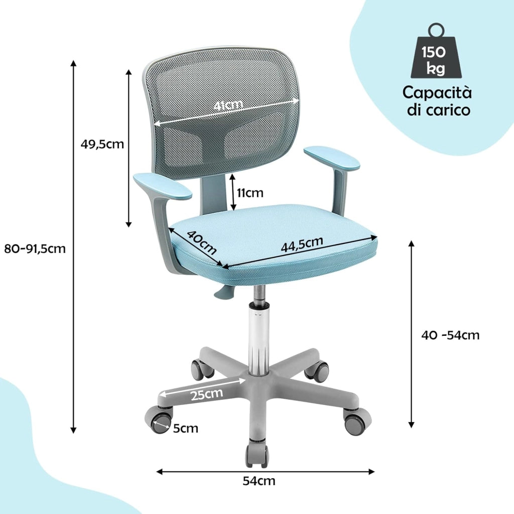 Sedia per Scrivania per Bambini, Sedia per Computer per Bambini con Altezza Regolabile, Ruote con Freni, Sedile Girevole a Rete, Sedia Ergonomica per Bambini 3-10 Anni (Blu)