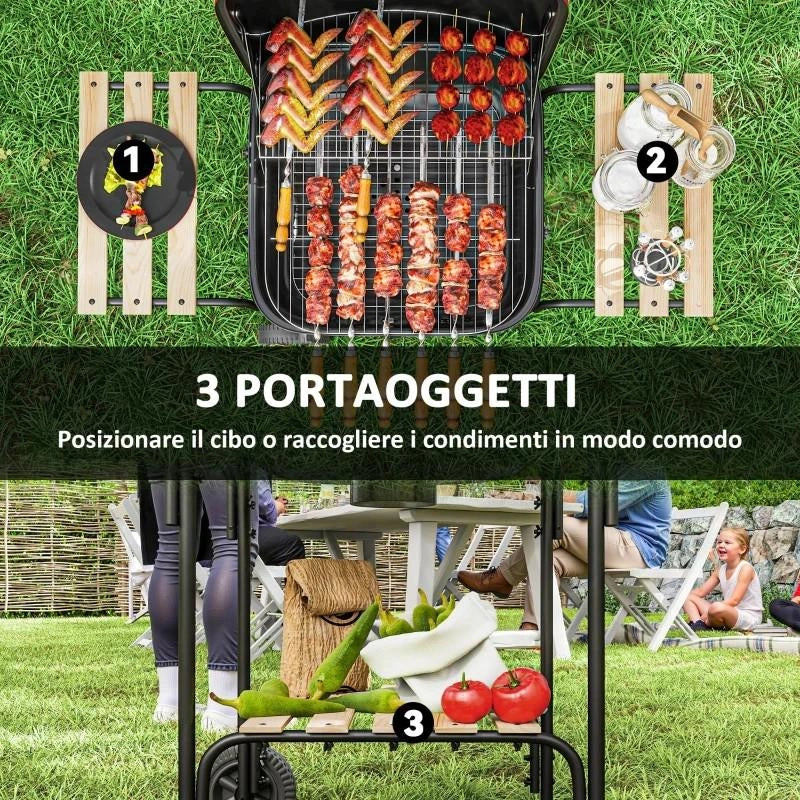 BARBECUE A CARBONE CON 3 RIPIANI E RUOTE, COPERCHIO CON PRESA D'ARIA REGOLABILE, ROSSO