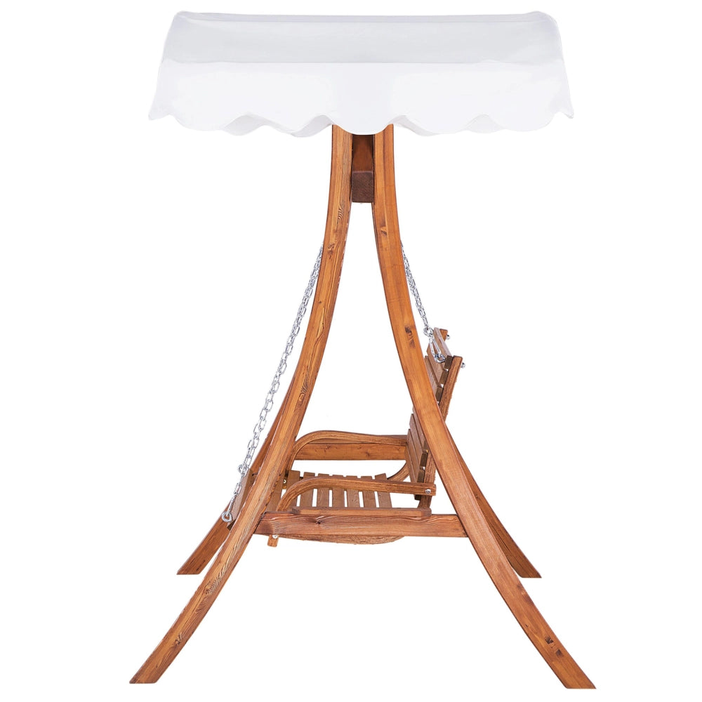 Dondolo da giardino con struttura in legno di larice in tessuto bianco da esterno a 2 posti con baldacchino autoportante