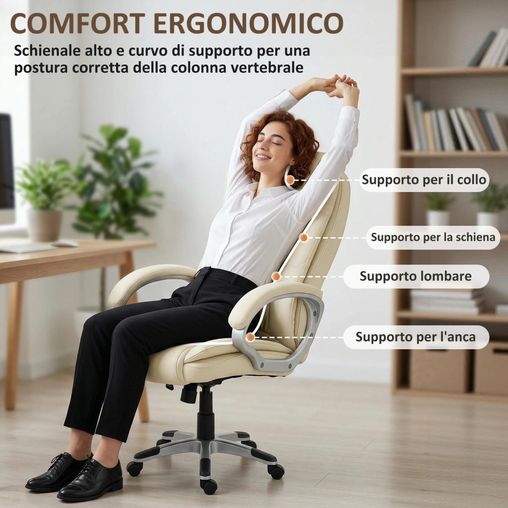 Sedia da Ufficio Girevole 65x68x112-122 cm con Funzione Dondolo Schienale Alto in Pelle PU Beige