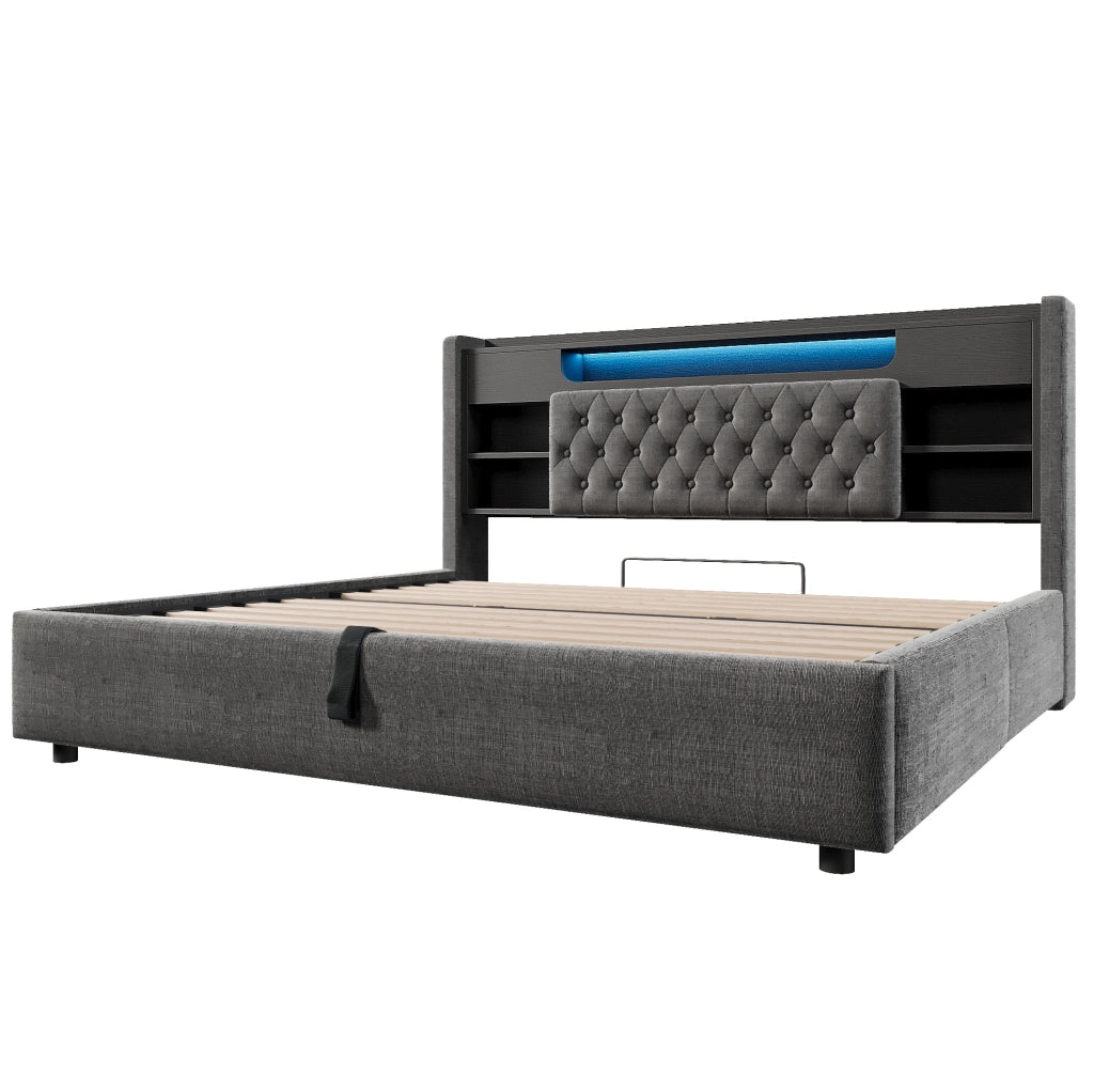 Letto matrimoniale imbottito ULEVR 180x200 cm con contenitore idraulico, LED, USB e Type-C, grigio