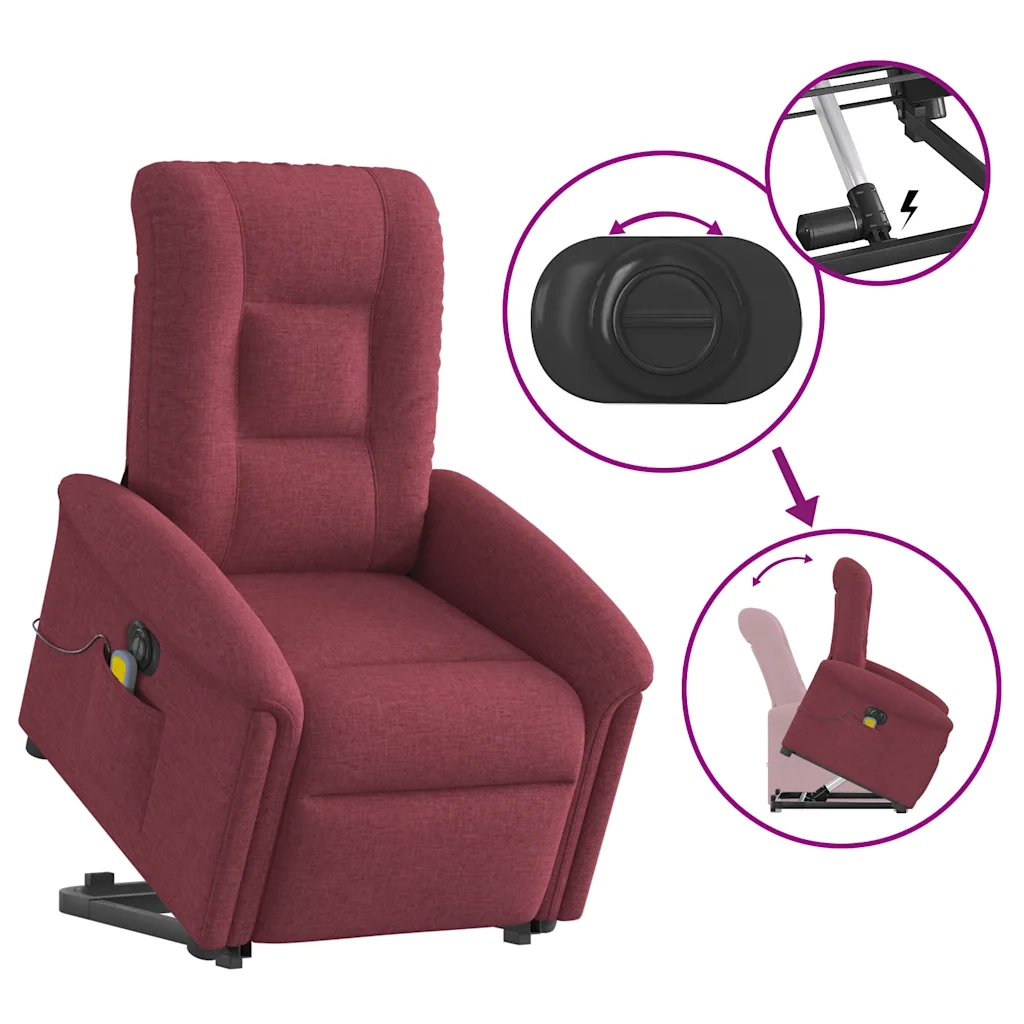 vidaXL Poltrona Alzapersona Massaggiante Elettrica Rosso Vino Tessuto