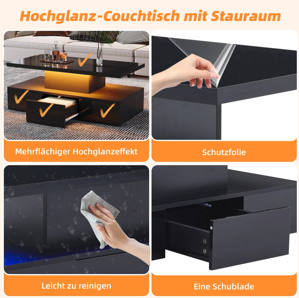 Tavolino da caffè LED nero con cassetto e ripiano, 100x50x39 cm