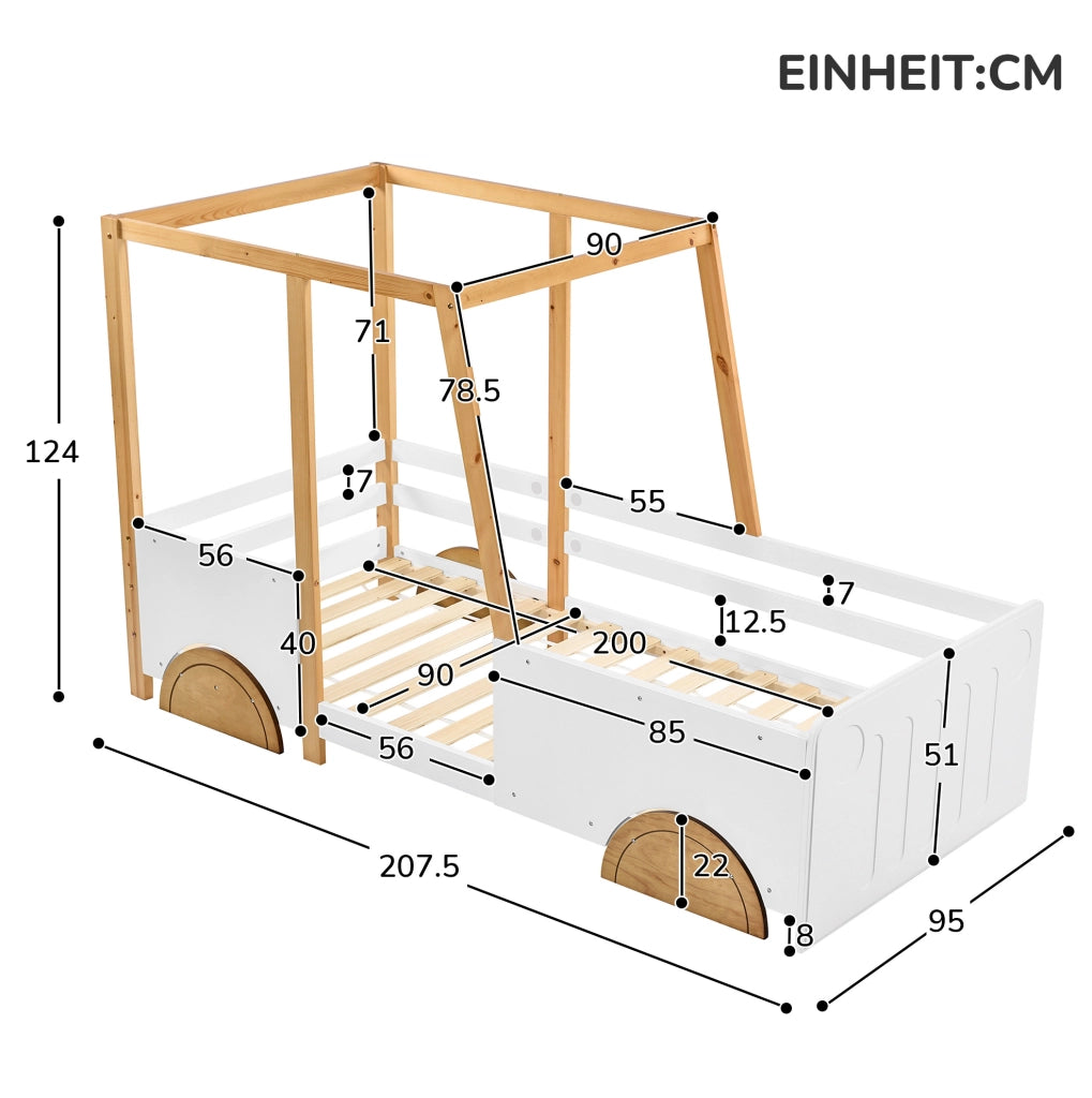 Letto a forma di auto 207.5x95x124 cm con sponde di protezione in legno bianco; naturale e marrone