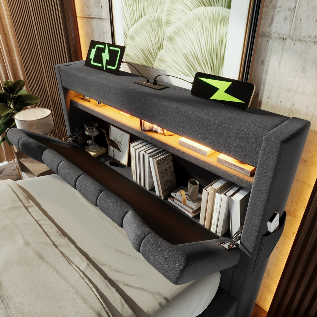 DESMIU Lit simple 90 × 200 cm con LED, USB, Type-C e contenitore, con materasso, in lino, grigio