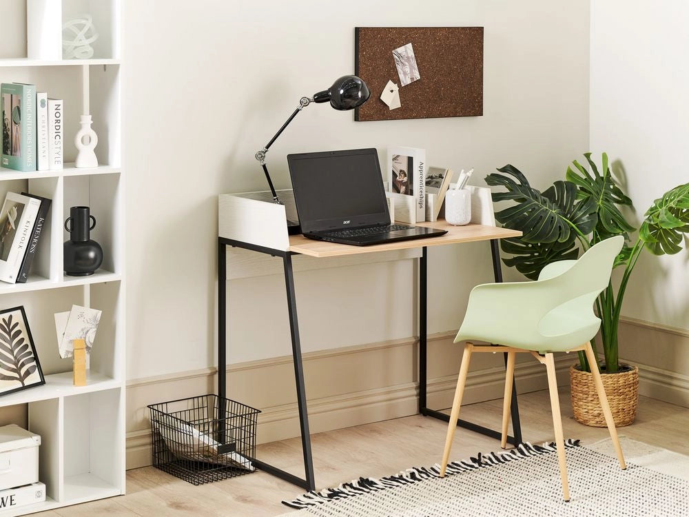 Scrivania per l'ufficio in legno chiaro e MDF bianco 90 x 60 cm con foro a occhiello