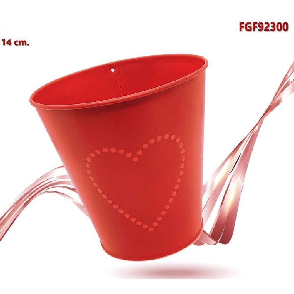 Trade Shop - Secchiello Rosso Decorativo Latta 14cm Con Cuore Idea Regalo San Valentino 92300 -