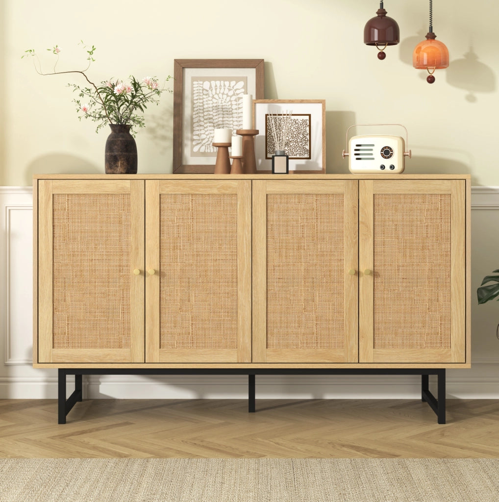 Credenza 140x39;5x80 cm con 4 ante in rattan naturale; colore legno
