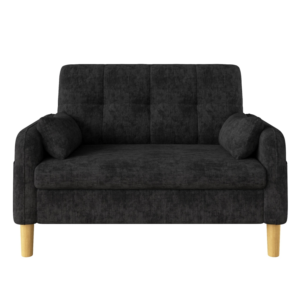 Divano a 2 posti per piccoli spazi con cuscini e tasca laterale in chenille grigio 119×78×85 cm