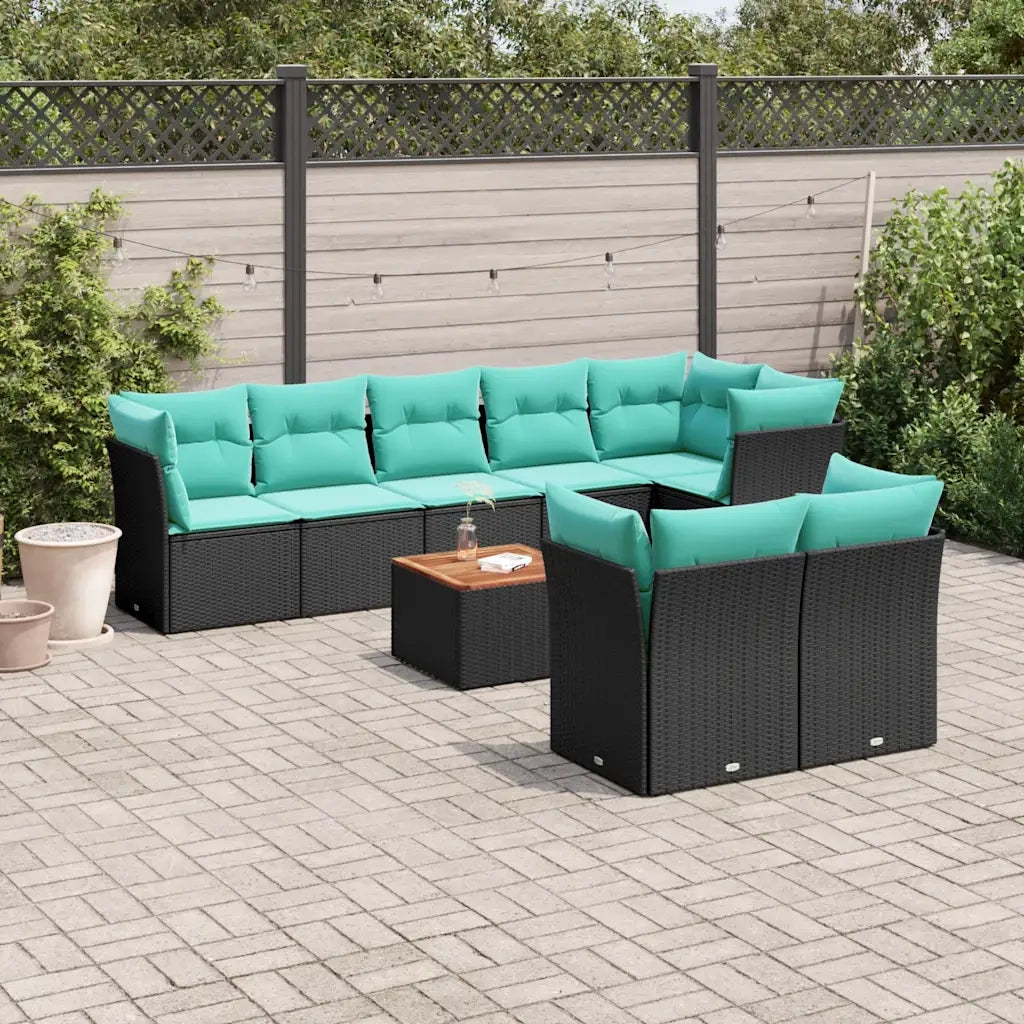 Set Divani da Giardino 9 pz con Cuscini Nero in Polyrattan