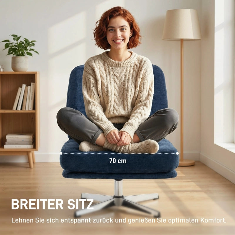 Poltrona girevole imbottita in chenille, seduta extra ampia, blu, base in metallo