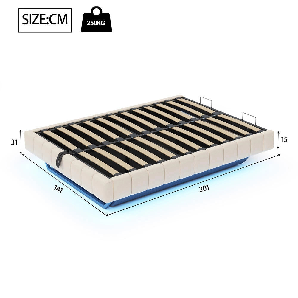 Letto-Xylo-140x200 cm-idraulico, LED, senza testiera, lino beige
