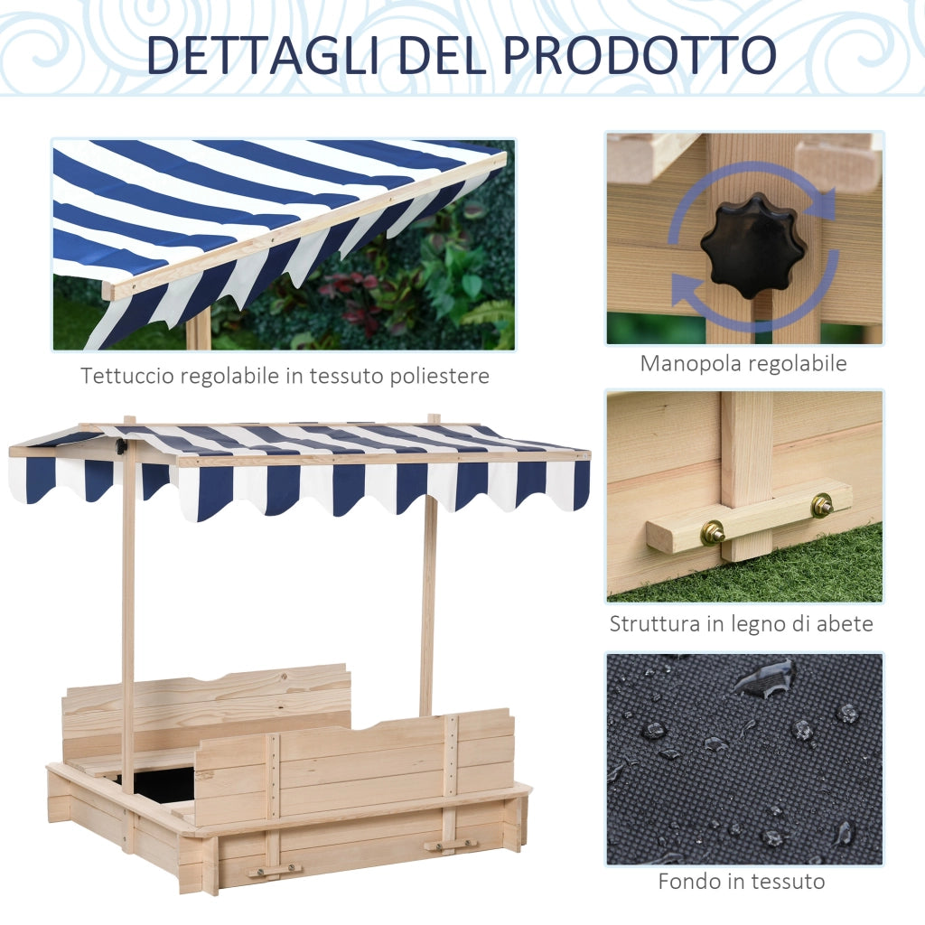 Sabbiera per Bambini in Legno con Tettuccio Parasole, Panca e Coperchio, 106x106x115 cm Bianco e Blu