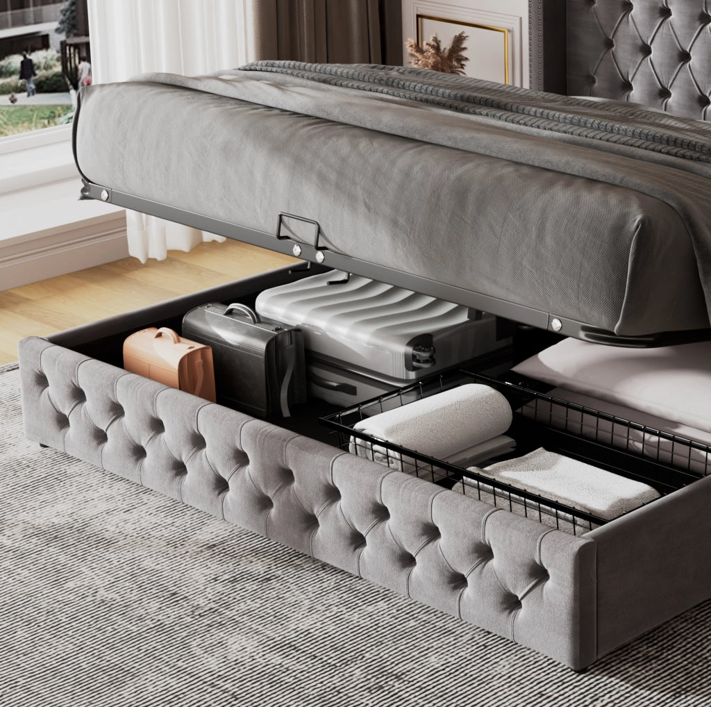Letto imbottito 140x200 cm con contenitore; rete a doghe; velluto grigio