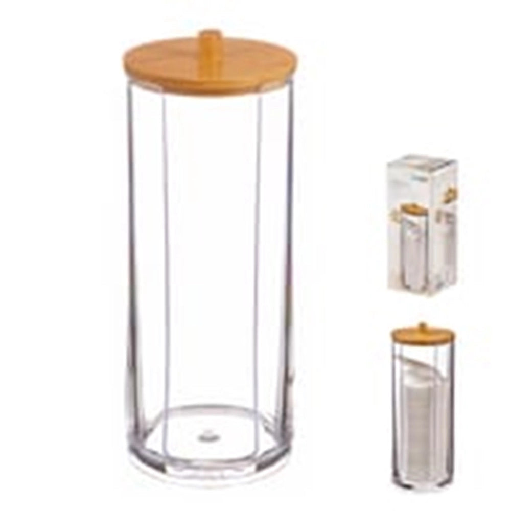 Trade Shop - Dispenser Porta Dischetti Struccanti Trasparente Con Coperchio In Legno 7.5x18.6cm 10824 -