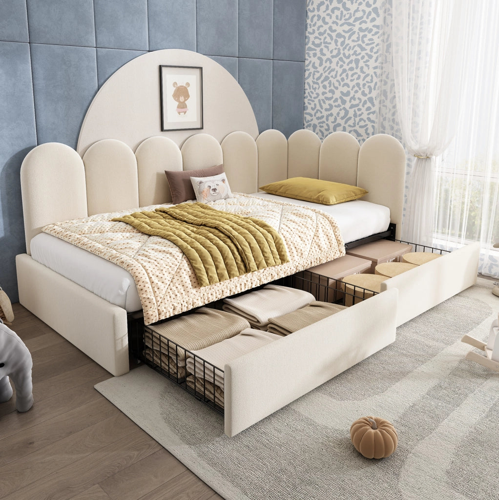 Letto singolo a divano in velluto beige 90x200 cm con 2 cassetti
