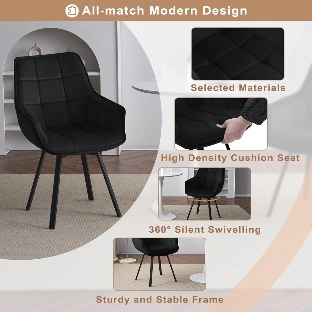 Set di 6 Sedie Sala da Pranzo, Sedie Cucina con Braccioli e Schienale, Poltroncine Girevoli con Gambe in Metallo, in Velluto, per Camera da Letto, Soggiorno, Nero