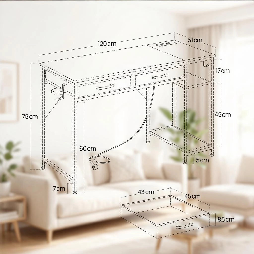 Scrivania con 2 cassetti in tessuto, ripiano laterale, prese usb e tipo c, per studio e soggiorno, nera 120 × 51 × 75 cm