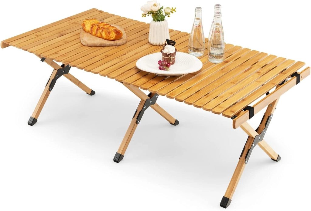 Tavolo Pieghevole da Esterno, Tavolo da Picnic da Campeggio in Bambù, per 4-6 Persone, Tavolo Portatile con una Borsa, la Portata di 50kg, 122 x 60 x 43,5cm (Yellow)