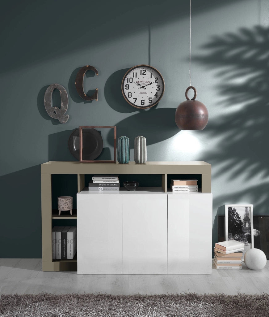 Credenza 0, Buffet moderno a 3 ante e vani a vista, Madia moderna, mobile da soggiorno porta TV, Made in Italy, Cm 146x62xh93, Bianco e Pero