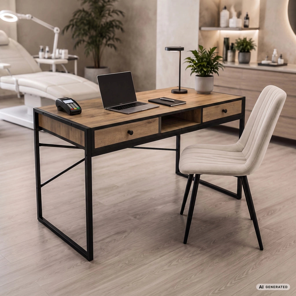 Scrivania industriale per computer Rovere Craft ELONIS 123 cm 2 cassetti 1 ripiano gambe nere