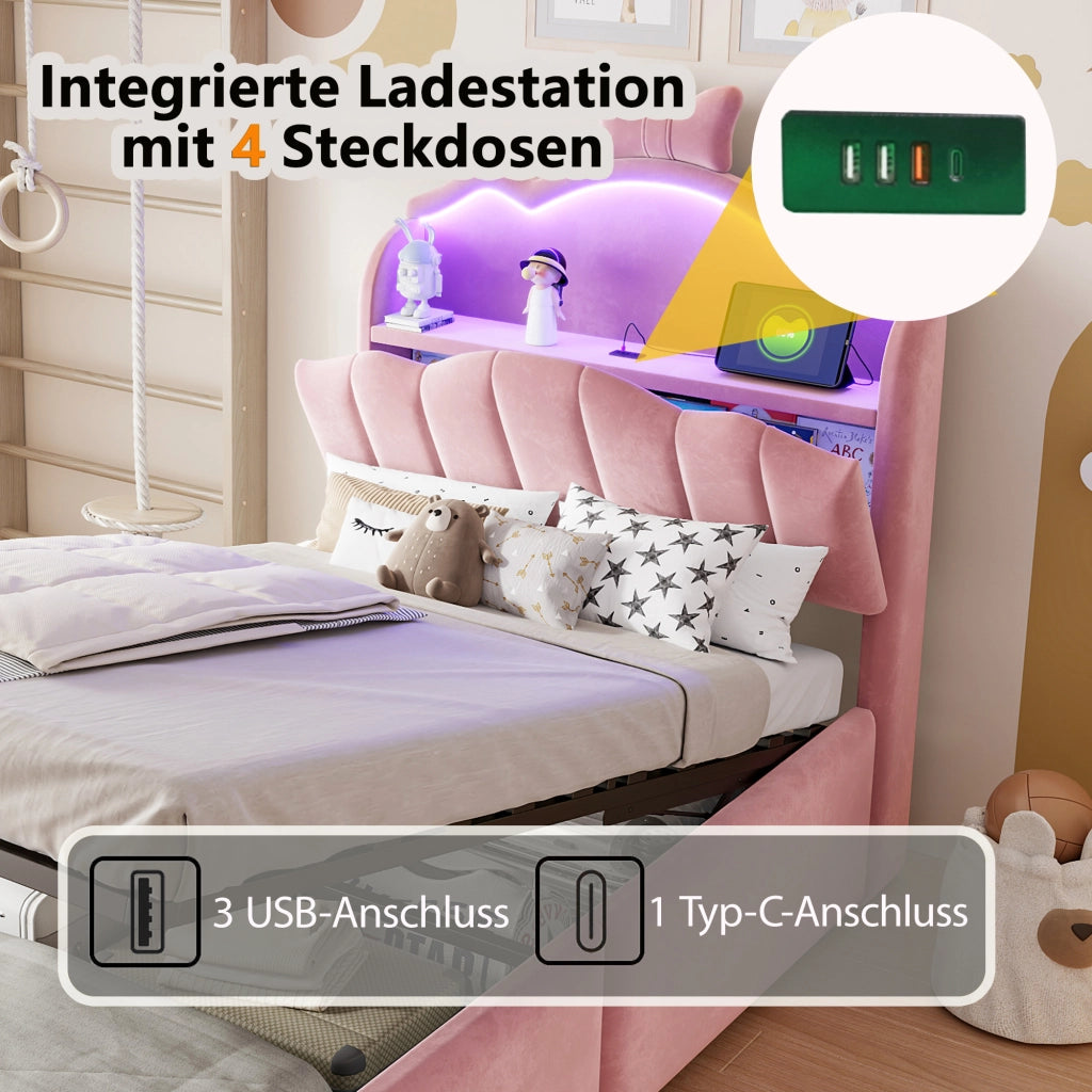 Letto per bambini 90 × 200 cm con contenitore idraulico, USB e Type-C, LED regolabile, sans materasso, en velluto rosa