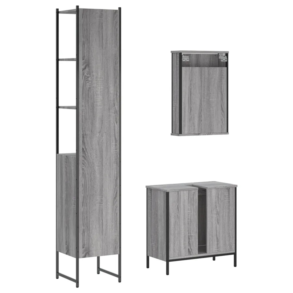 Set Mobili da Bagno | Armadio da bagno 3 pz Grigio Sonoma in Legno Multistrato