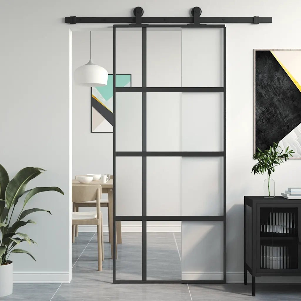 Porta Scorrevole Nera 90x205 cm in Vetro Temperato e Alluminio 155229