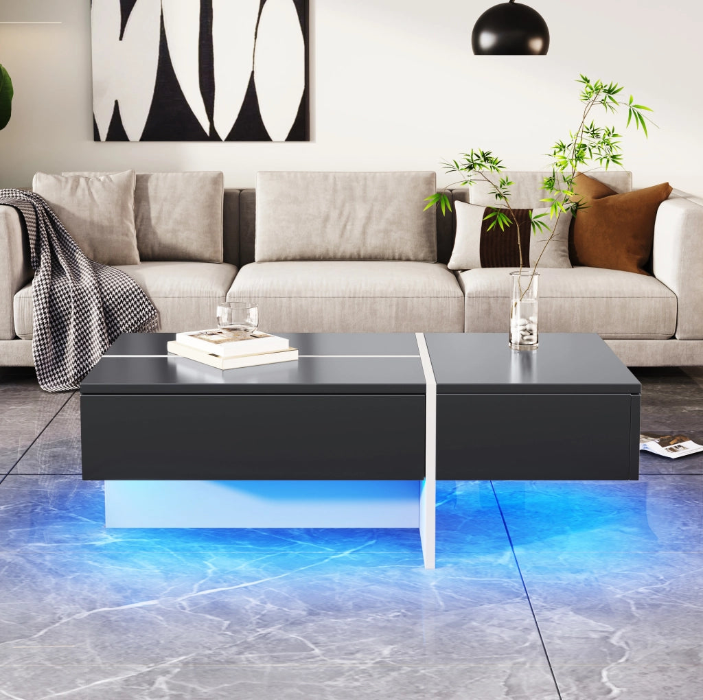 Tavolino da caffè lucido nero 100x50x34;5 cm con LED controllabile da app e 3 cassetti