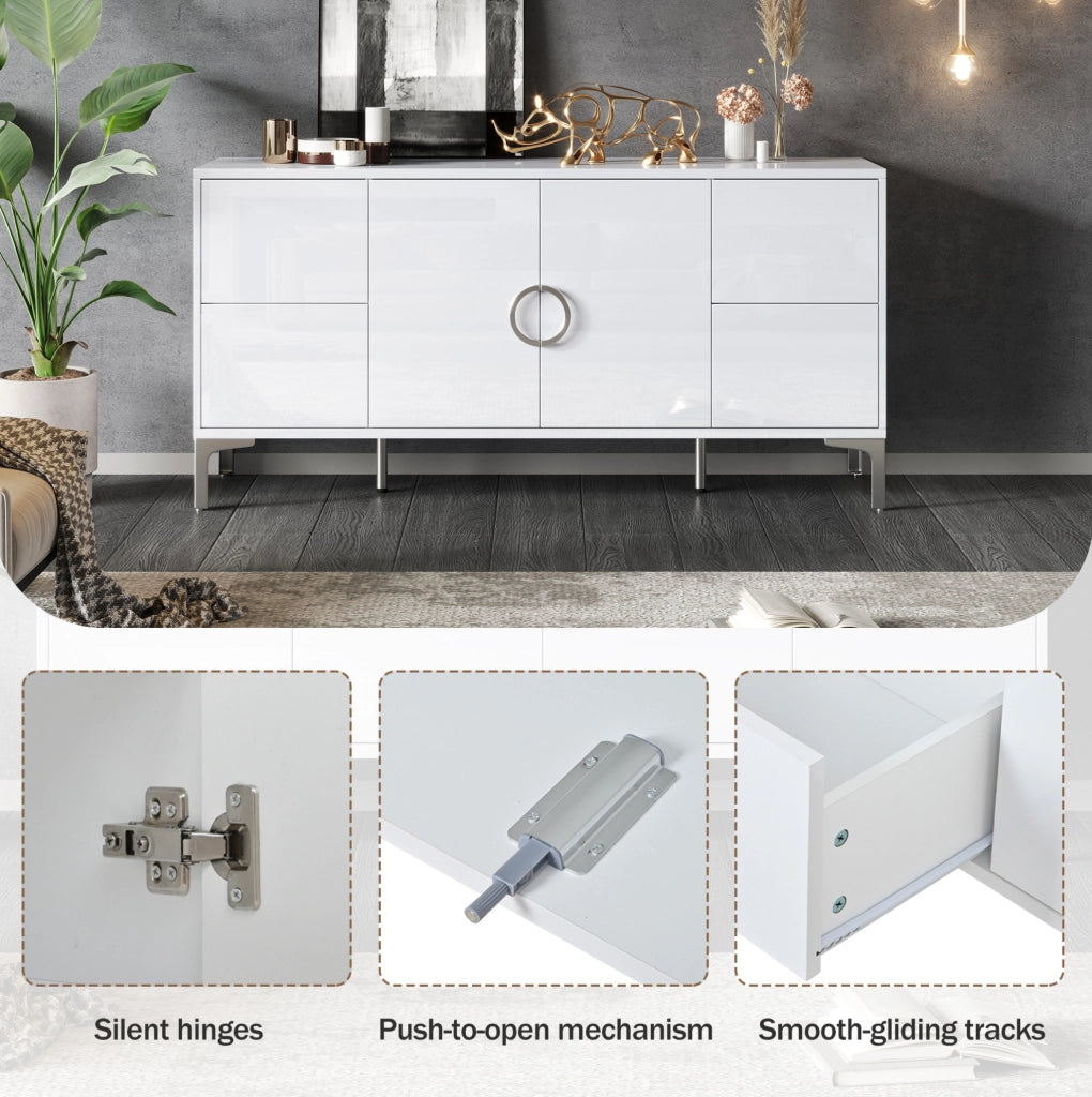 Sideboard bianco lucido 150x38x59;5 cm con 4 cassetti e 2 ante; in MDF