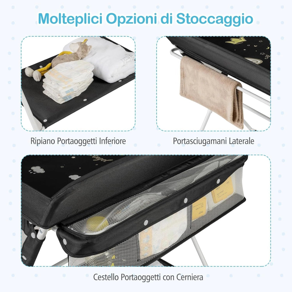 Fasciatoio Pieghevole per Bambini, Fasciatoio Portatile con Altezza Regolabile a 3 Livelli, Fasciatoio Neonato con Ruote di Bloccabili, Ripiano, Porta Asciugamani, per 0-12 Mesi (Nero)