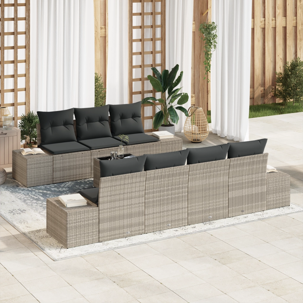 Set Divano da Giardino da 8 Pezzi con Cuscini Grigio Chiaro Rattan Sintetico