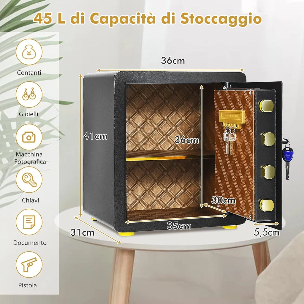 Cassaforte Elettronica, Cassetta di Sicurezza con Tastierino Numerico Digitale, con 2 Chiavi, 2 Chiavi di Emergenza, Ripiano Rimovibile e Sistema di Allarme, 36x31x41 cm
