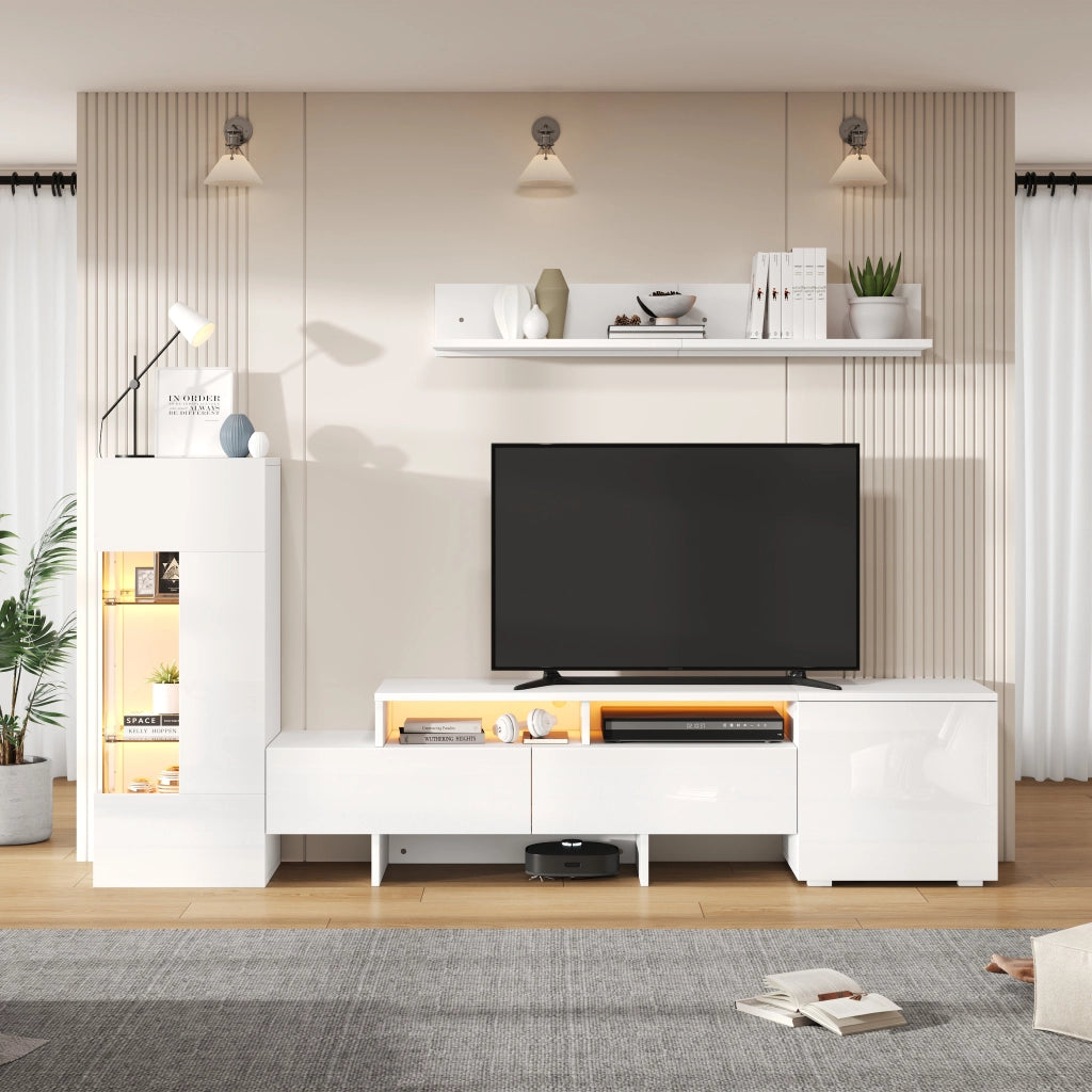 Mobile TV- set 3 pezzi- lucido- LED- sospeso- acrilico- vetro- bianco- per TV 70"