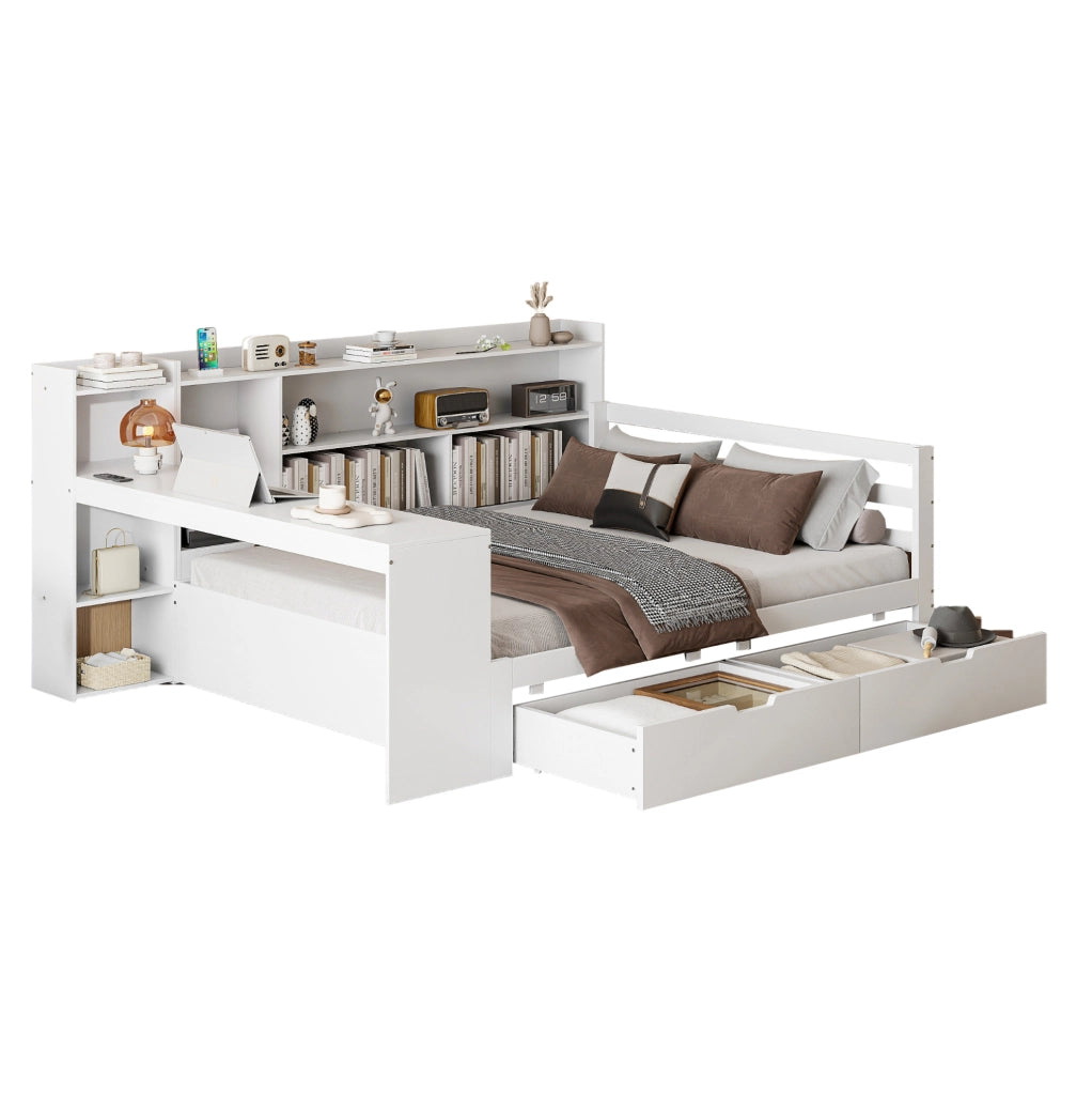 Divano letto multifunzionale in legno con scrivania e ampio spazio contenitivo