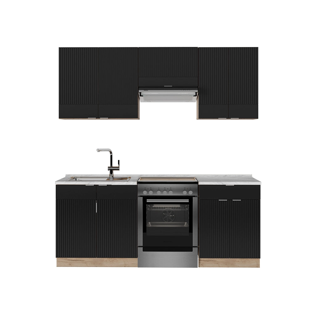 Cucina componibile Fame-Line Nero rigato/Rovere dorato 200 cm, PL Marmo Vicco