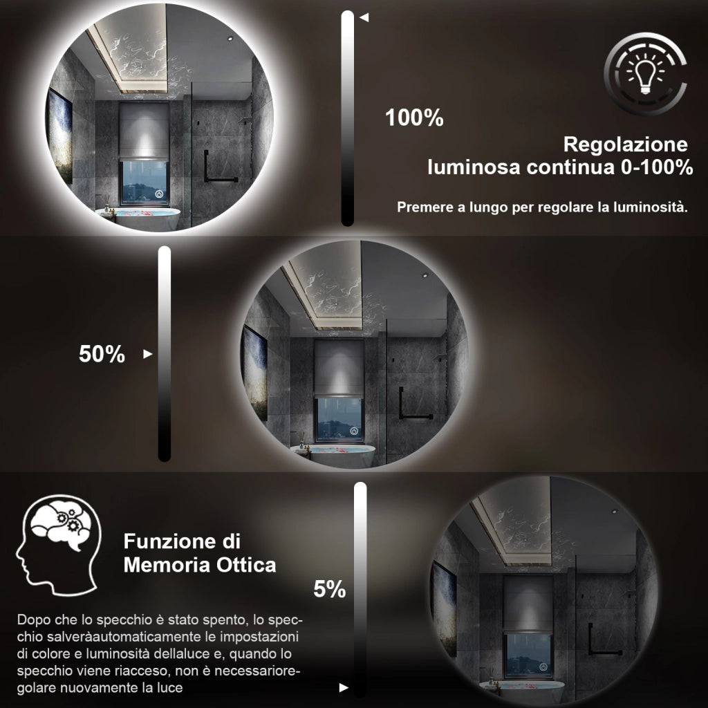 specchio 100 cm rotondo con luce led antiappannamento e touch