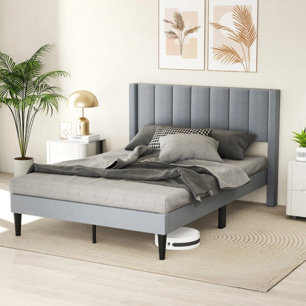 Struttura letto matrimoniale con rivestimento in tessuto di velluto-Letto a piattaforma con piedini regolabili Grigio