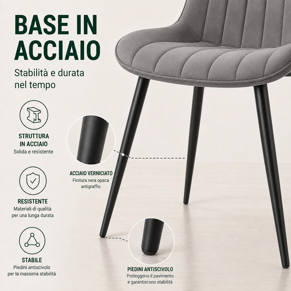 Set 4 Sedie da Pranzo Grigio in Velluto Seduta Ergonomica e Struttura Acciaio