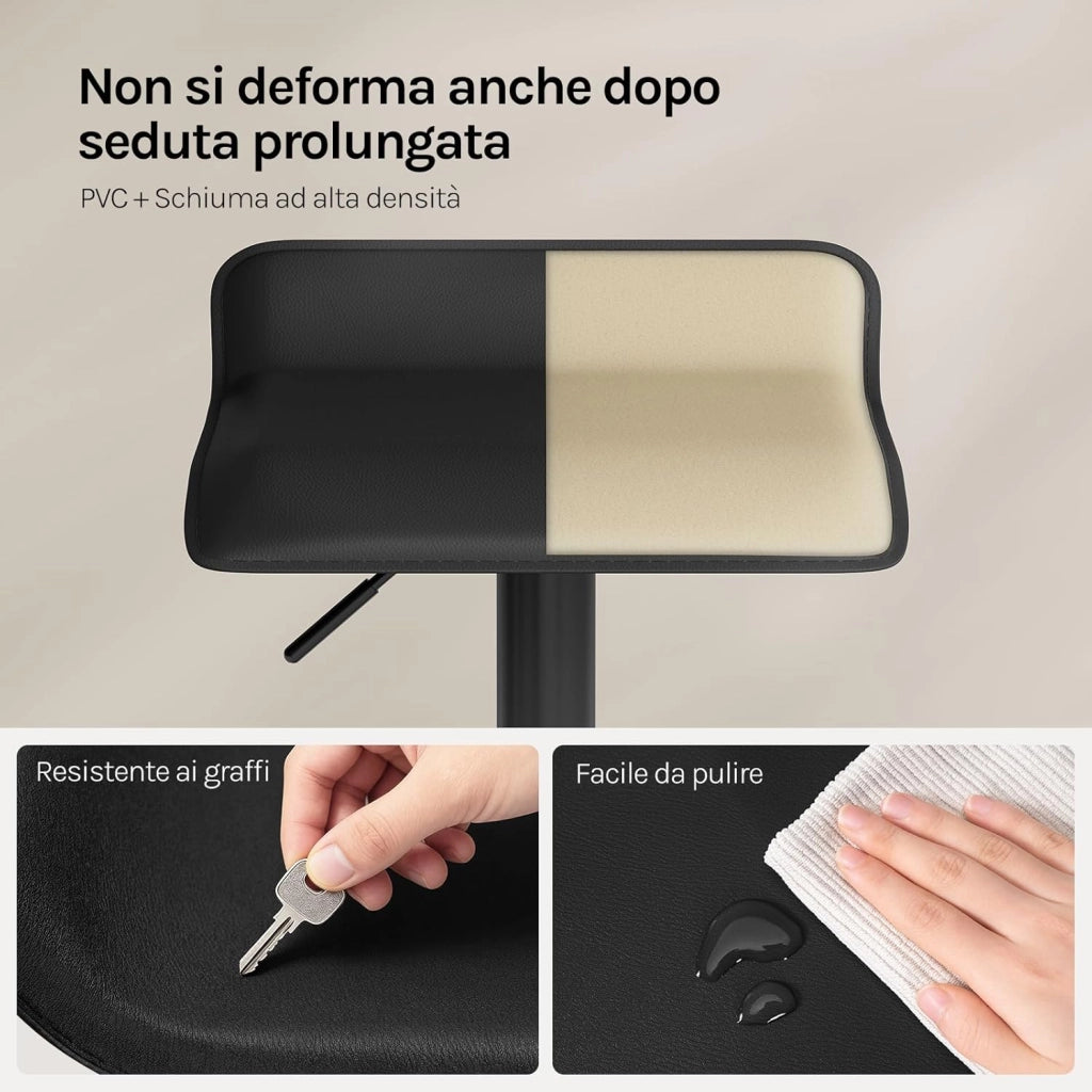 Sgabello da Cucina, Sgabello da Bar Colazione Regolabile in Altezza Girevole a 360°, per Bar, Cucina, Banco, Caffè, PVC+Metallo, con Poggiapiedi, Nero+Nero