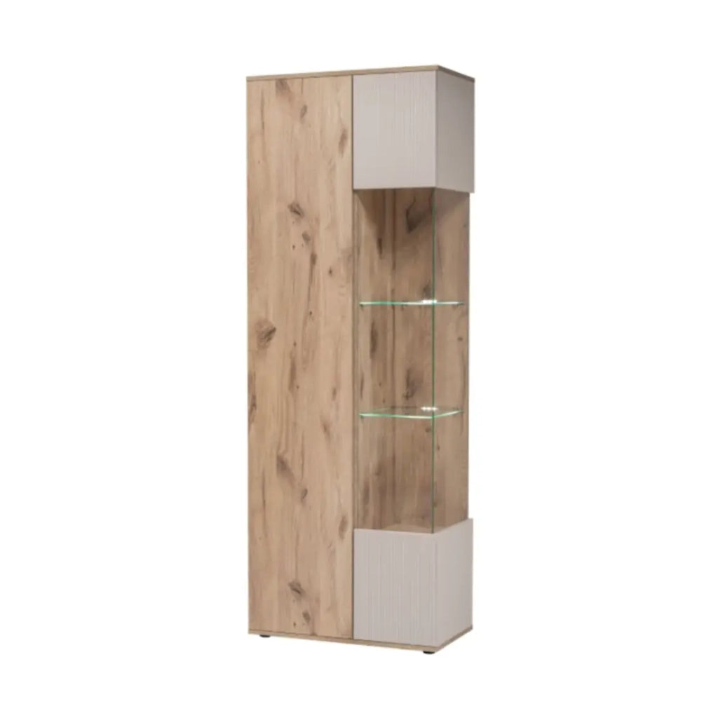 Set da salotto ERINA – Vetrina, mobile TV con camino a bioetanolo, mensola da parete e buffet alto – Rovere chiaro e beige