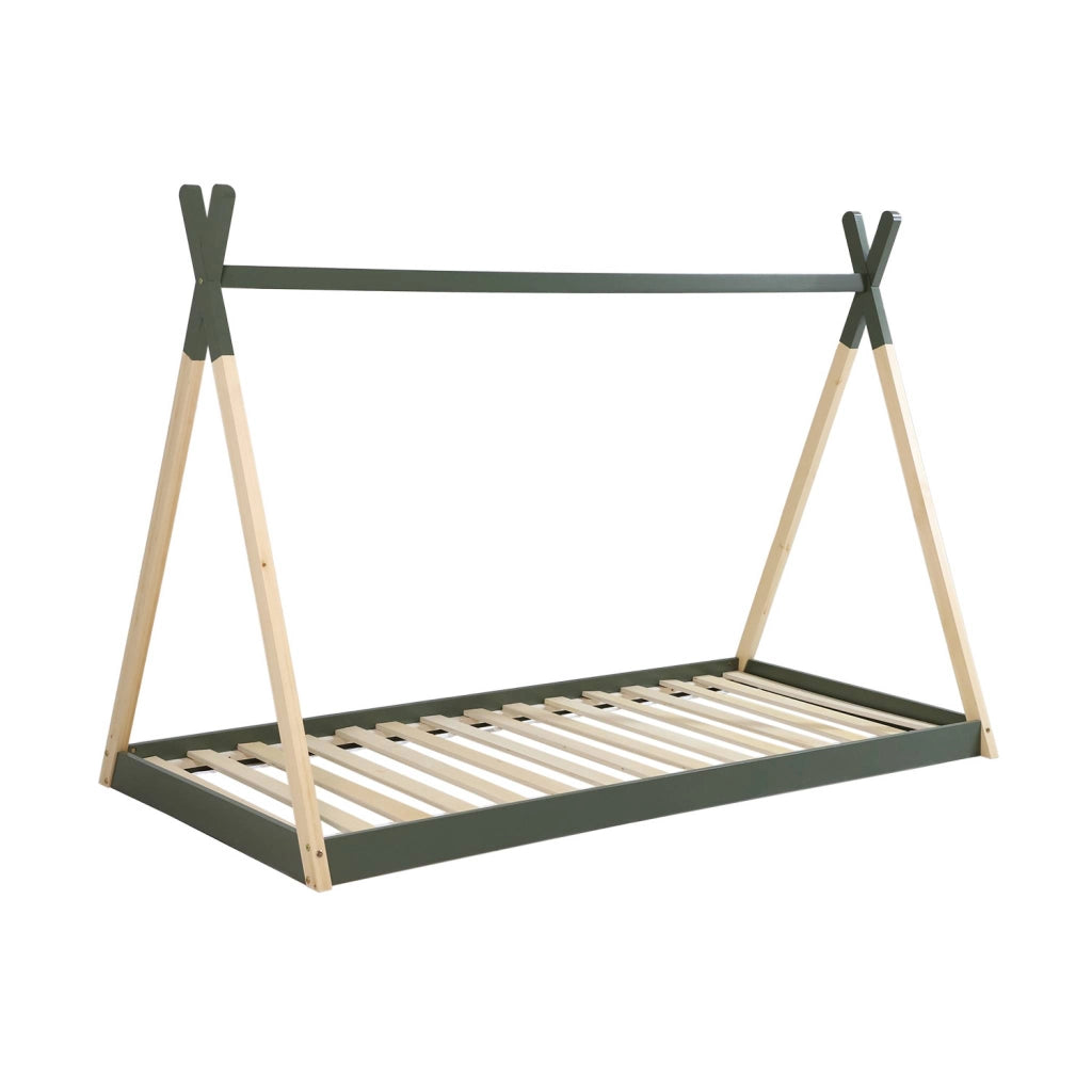 Letto tenda per bambini 190cm pino naturale, base inclusa, verde