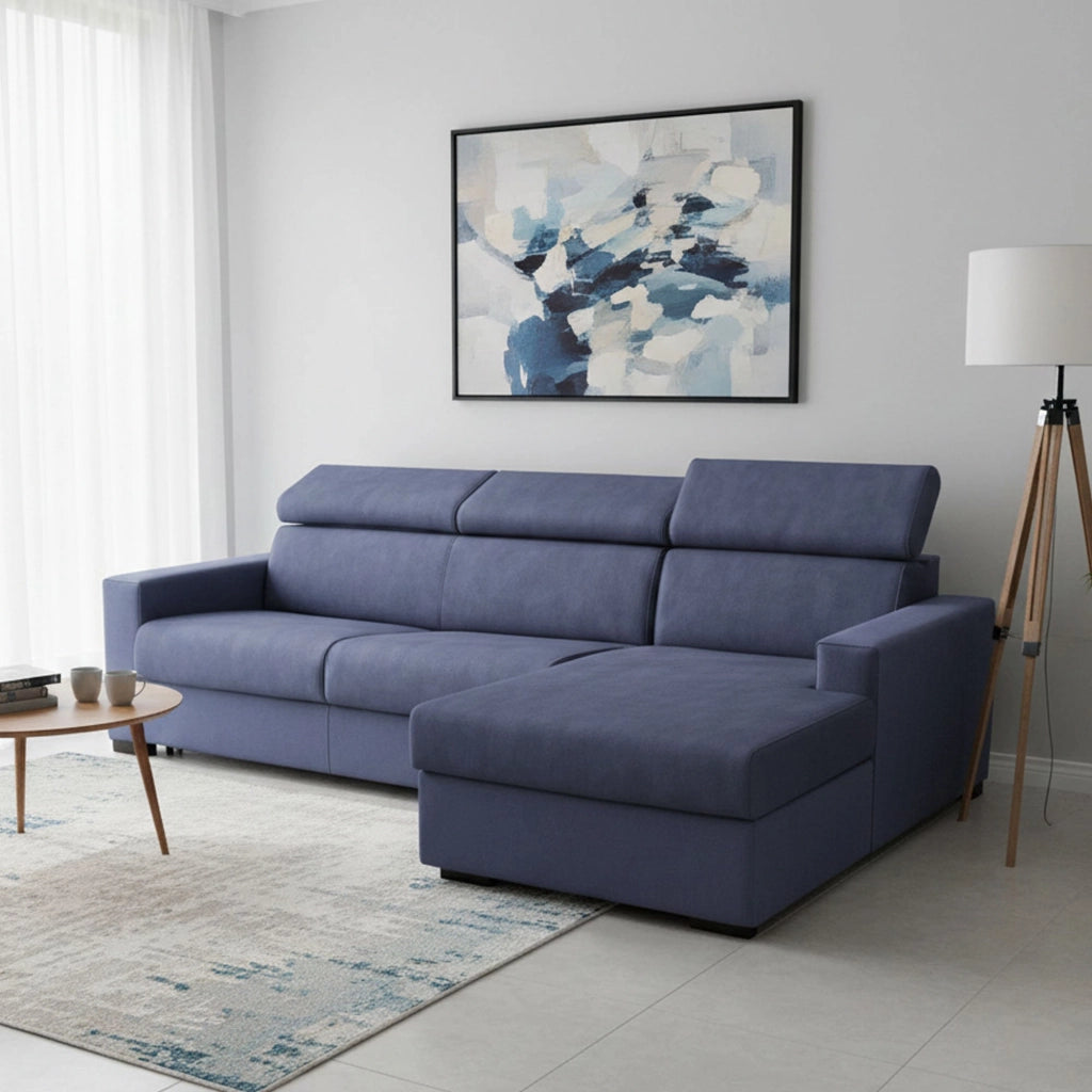 Divano Letto Allevatore, Divano ad angolo, Made in Italy, SofÒ  con apertura girevole, con Penisola contenitore Destra, con Braccioli standard, cm 280x95h85, Blu