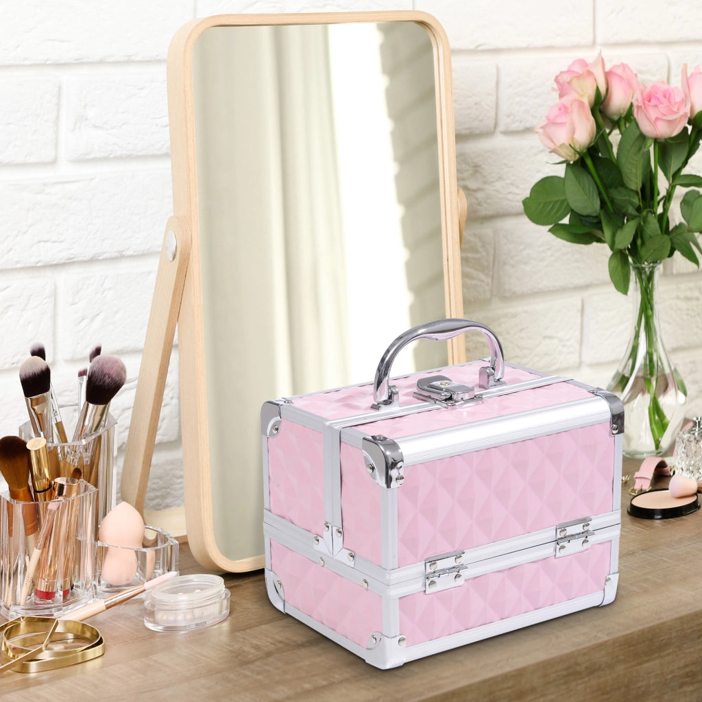 Mallette trucco 3 livelli con specchio e serratura ¨C zephmum ¨C rosa 20x15x15 cm