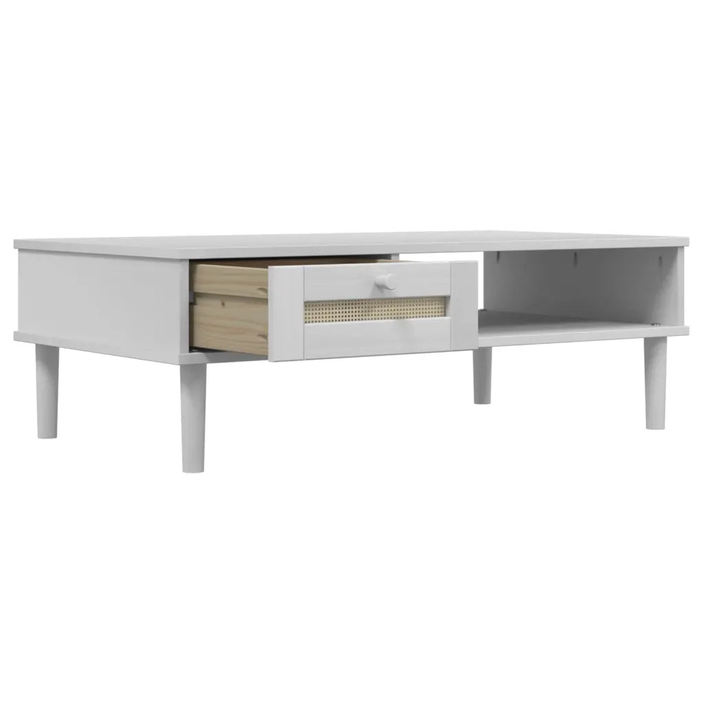 Tavolino-Tavolino da soggiorno-Tavolo SENJA Aspetto Rattan Bianco 100x55x33cm Legno Massello