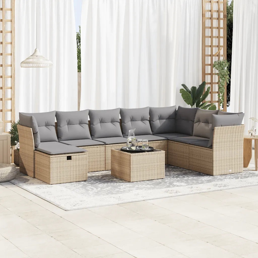 Set Divano da Giardino 9 pz con Cuscini Beige in Polyrattan 3325345