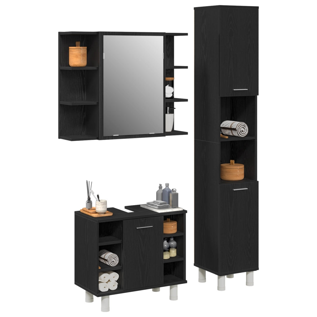 Set di Mobili per Bagno 3 Pezzi Rovere Nero Legno Ingegnerizzato