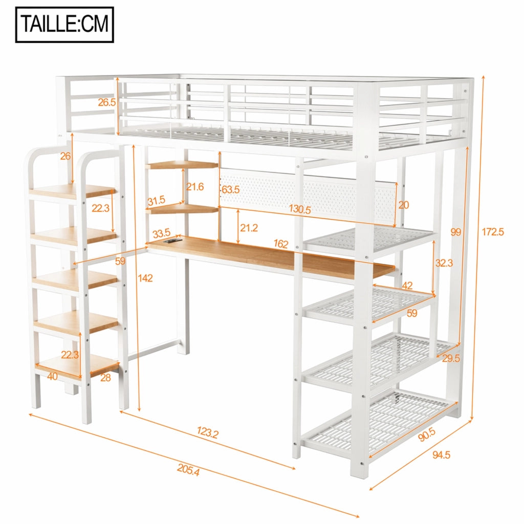 Letto a soppalco singolo 90 × 200 cm con scrivania, LED, prese, ripiani e scala, senza materasso, bianco