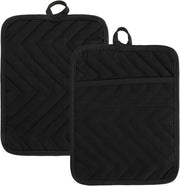 Pannolappi in cotone con tasca - resistente al calore - 2 pezzi - nero - 18,5 x 22,4 cm