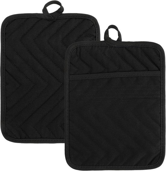 Pannolappi in cotone con tasca - resistente al calore - 2 pezzi - nero - 18,5 x 22,4 cm